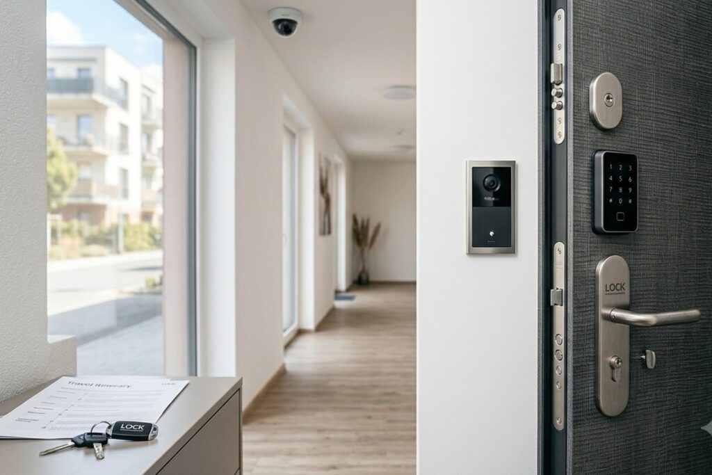 Moderné bezpečnostné dvere s inteligentným zámkom, kamerovým zvončekom a zabezpečovacím systémom chránia byt alebo dom počas dovolenky pred vlámaním a neoprávneným vstupom.