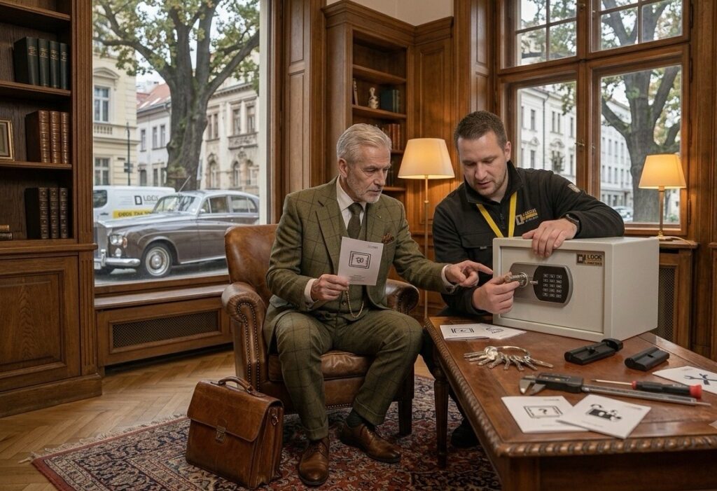 Zámočník vysvetľuje zákazníkovi výber domáceho trezora a používanie elektronického zámku.
