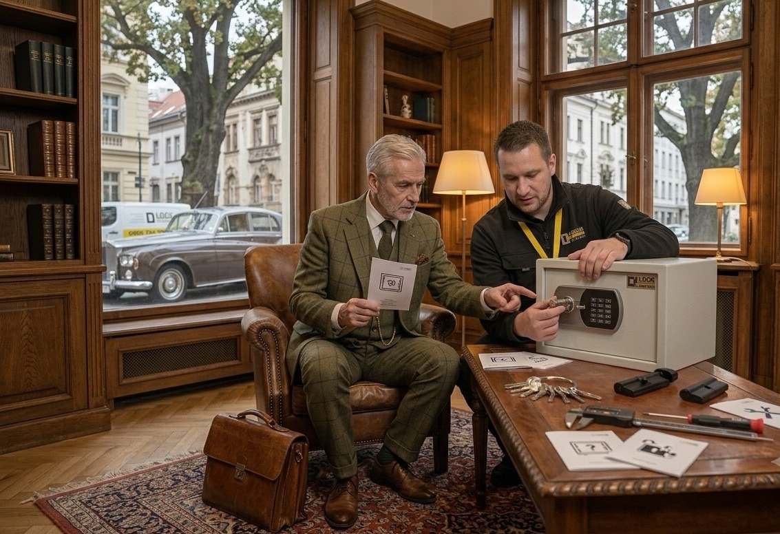 Zámočník vysvetľuje zákazníkovi výber domáceho trezora a používanie elektronického zámku.
